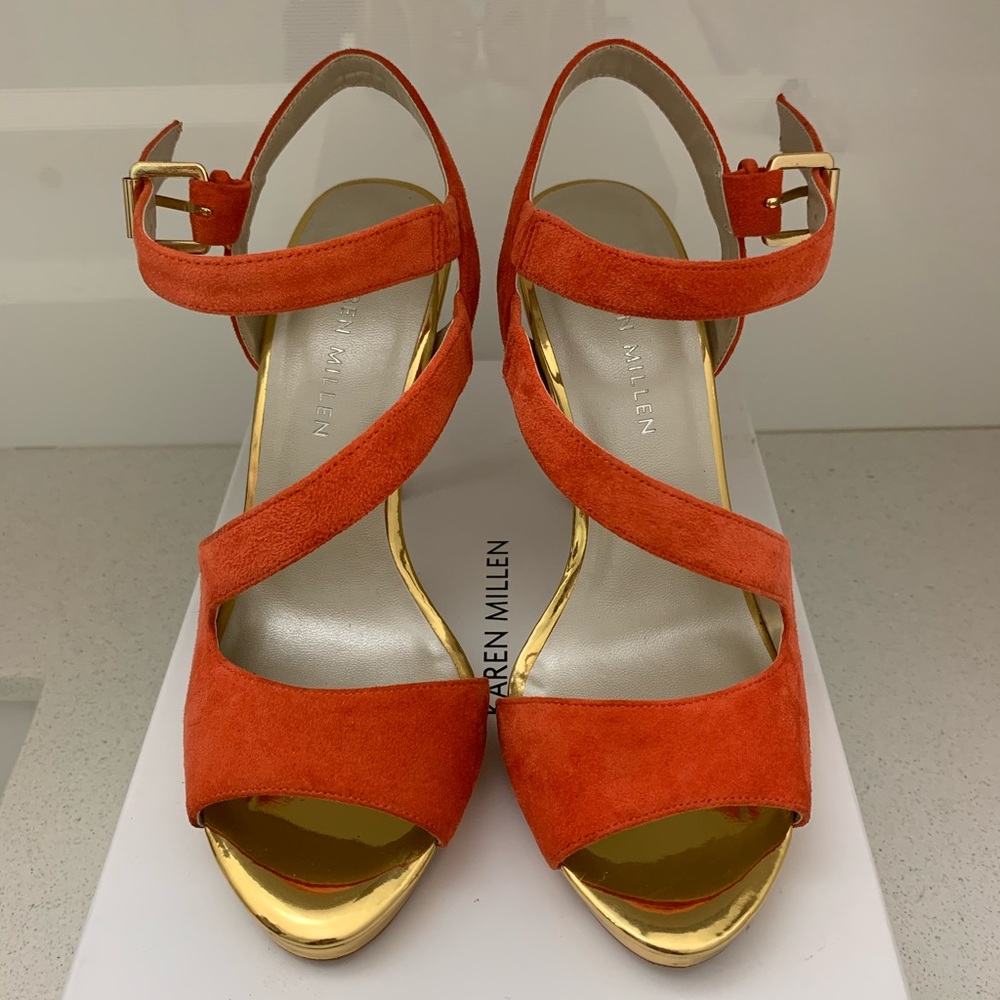Karen Millen suede strappy heels, orange, sz.6-6.5 - Picture 6 of 9